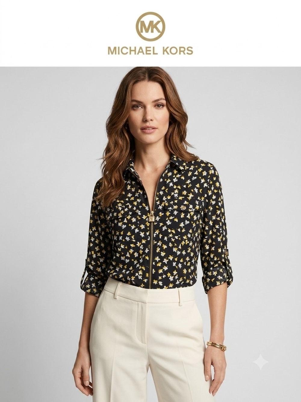 Michael Kors Women's Black Floral Zip-Front Shirt Size L